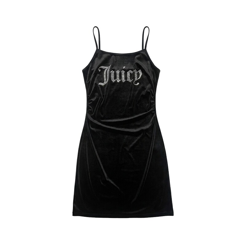 Juicy Couture橘滋连衣裙女新款烫钻弹力丝绒黑色吊带短裙
