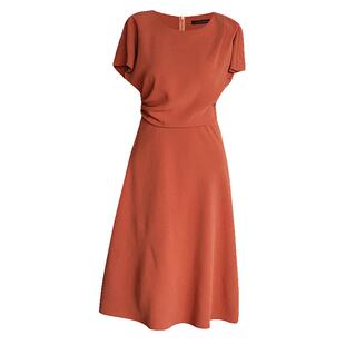罗衣知性橘红色蝙蝠袖褶皱连衣裙女夏季气质收腰显瘦大摆裙06560