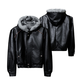 美式黑色连帽座山雕皮衣外套棉服男冬季加绒加厚痞帅毛领棉衣夹克