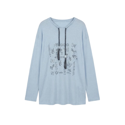 ninofor21C 26夏 莱赛尔羊毛混纺串珠编绳印花T恤薄款宽松长袖