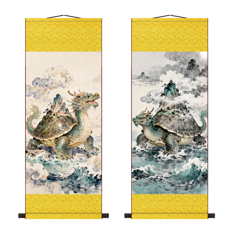 国风水墨鳌图卷轴挂画书房茶室竖款绢画新中式山水祥瑞墙面装饰画
