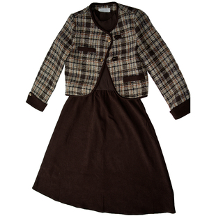 oo&vv小香风咖色格子毛呢外套女+连衣裙两件套2025冬新款复古套装
