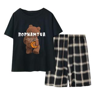 设计师款情侣睡衣夏季纯棉女短袖日系小熊家居服男士大码加肥套装