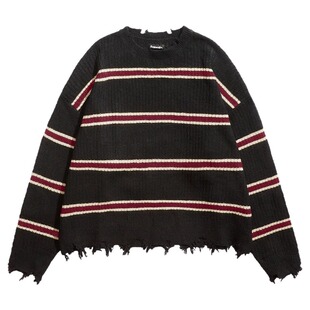 Remedy 美式街头潮牌条纹破坏针织衫秋冬款国潮宽松情侣毛衣男女