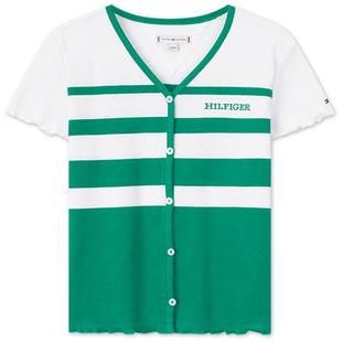 Tommy春夏童装女复古休闲甜美可爱木耳边刺绣撞色条纹V领短袖上衣