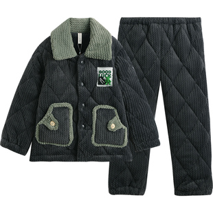 芬腾珊瑚绒儿童睡衣加绒加厚保暖三层夹棉男童可外穿家居服棉袄冬