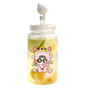 家用水杯女生早餐杯可爱带吸管大肚玻璃杯定制冷饮耐高温奶茶杯子