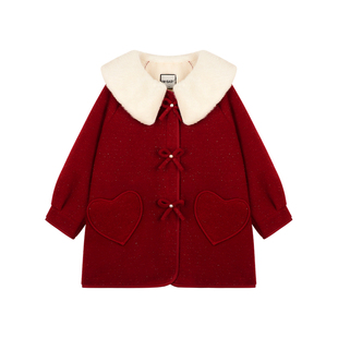 Amybaby女童上衣冬季2025新款毛毛领可爱蝴蝶结毛呢大衣外套