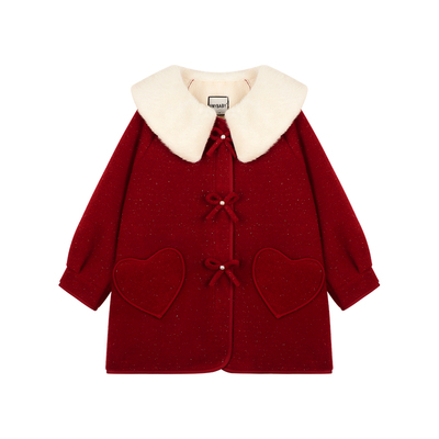 Amybaby女童可爱蝴蝶结毛呢大衣