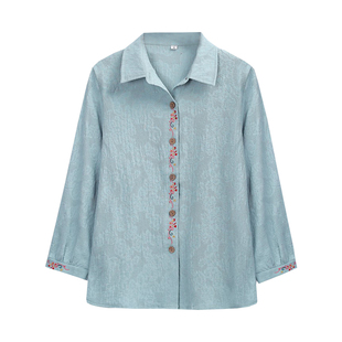 刺绣棉麻提花小衫春夏装九分袖开衫衬衣中老年洋气妈妈装女士衬衫