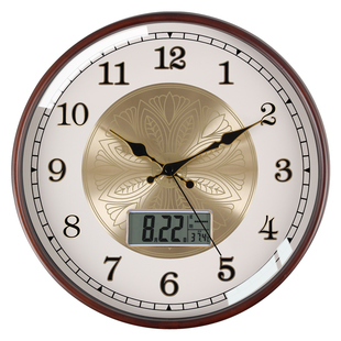 TQJ实木简约静音挂钟卧室温湿度万年日历时钟表挂墙家用客厅电波