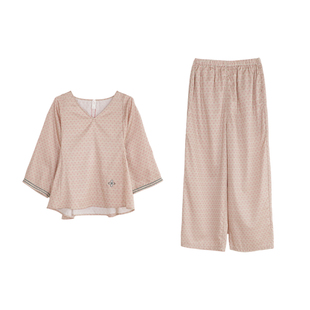 朵朵可可睡衣女2026春夏新款纯棉贡缎印花V领显九分袖家居服套装