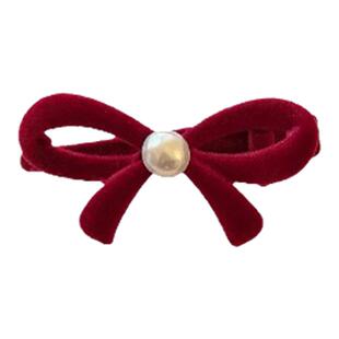 新年红色丝绒珍珠蝴蝶结刘海发夹女高级感侧马尾编发夹子圣诞头饰