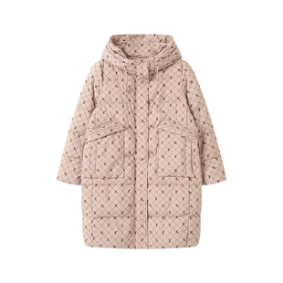 SANI商场同款90%白鸭绒蓬松满印加厚保暖连帽中长款羽绒服女冬