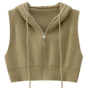 连帽针织马甲外套女春秋外穿短款毛衣坎肩宽松毛线背心百搭开衫