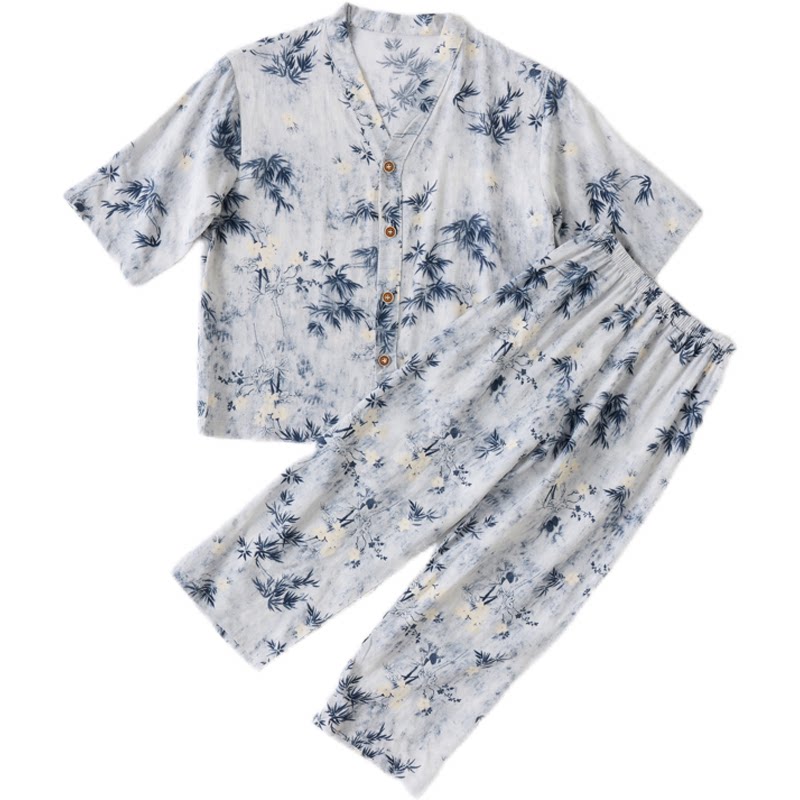 儿童夏季套装睡衣棉绸七分袖薄款男童绵绸宝家居服女童半袖空调服