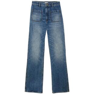 SANDRO秋冬女装经典款法式简约棉质高腰前贴袋直筒长款丹宁牛仔裤