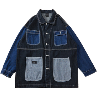 韦恩泽维尔加肥加大宽松大码潮翻领多口袋工装牛仔夹克外套男7610