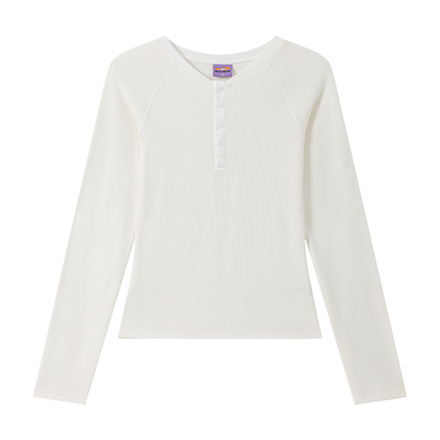 江南先生NewJNXS华夫格肌理哈苏线质感绣花亨利领罗纹长袖T恤情侣