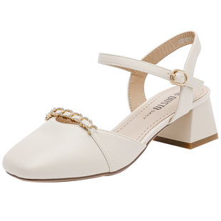 大东凉鞋2025夏季新款时尚舒适粗跟中跟简约法式一字带包头女凉鞋