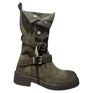 太喜欢了+超舒服秋季新款牛皮miu系牛仔靴马丁靴女短靴两穿中筒靴