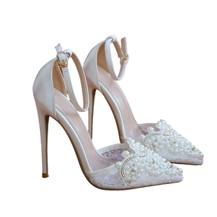 珍珠白色网纱一字带高跟鞋尖头细跟13CM新娘婚宴礼服鞋大小码蕾丝