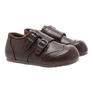 复古巴洛克小皮鞋秋冬加绒女童双扣带雕花真皮休闲鞋儿童软底棉鞋