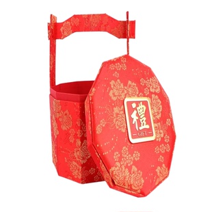 中式复古聘礼盒订婚圆形布艺手提篮结婚提亲彩礼盒喜糖礼金手提盒