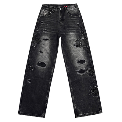 美式潮牌重工刺绣假破洞黑色牛仔裤男宽松直筒水洗黑高街风长裤子