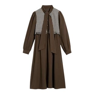 Unbleu长袖连衣裙女春秋新款复古文艺设计感女装拼接假两件裙子