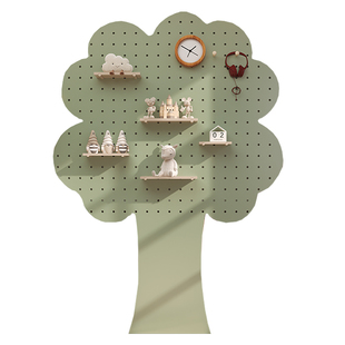 实木洞洞板置物架配件儿童房免打孔装饰造型墙上展示架挂衣架一体