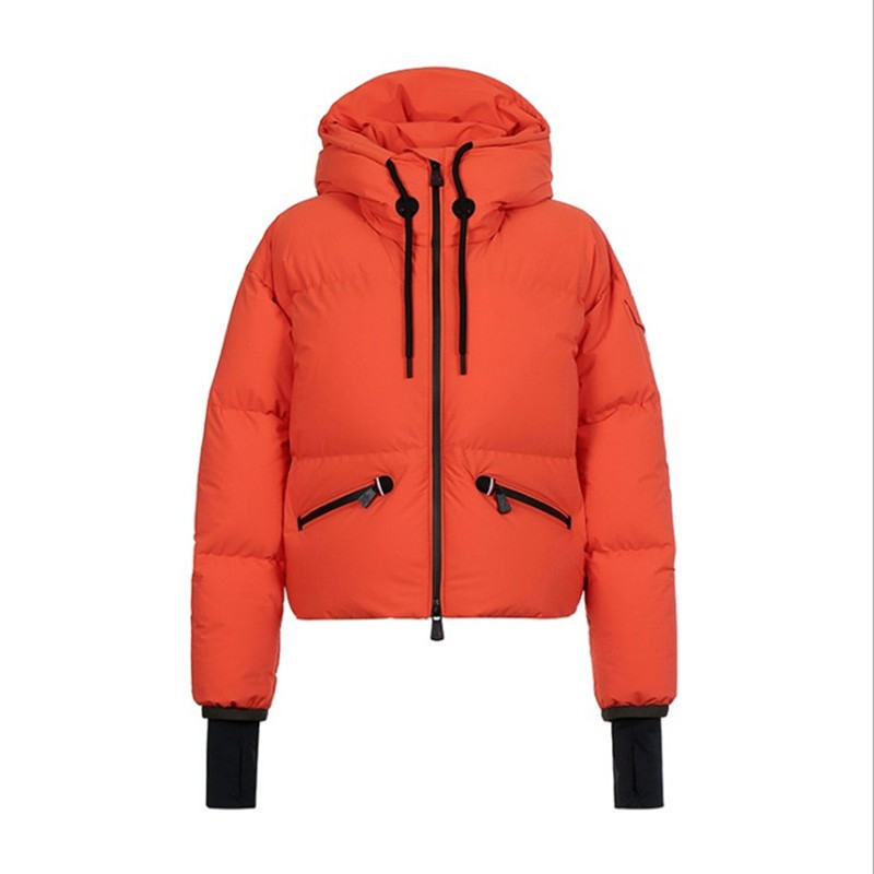 2022新冬款单品巨好看桔色防风雪地户外短款长袖连帽羽绒服女外套