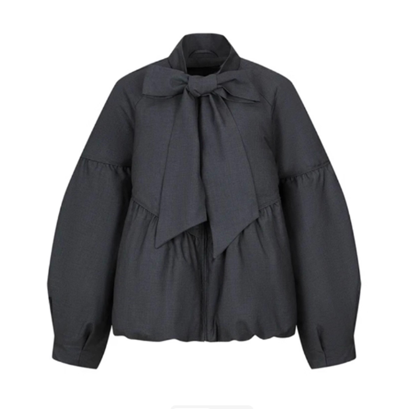 90白鸭绒VM NY NB UR2025冬甜美蝴蝶结系带宽松灰色羽绒服外套女