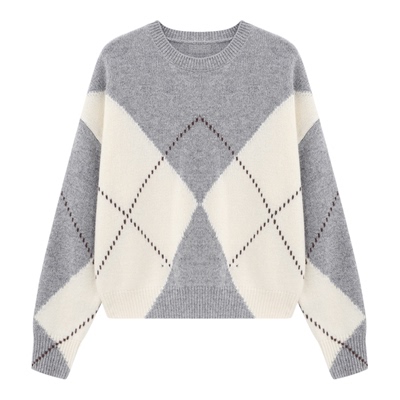 百家好复古菱格绵羊毛显瘦针织衫
