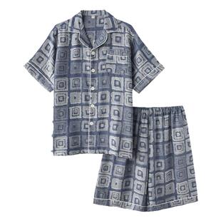 感格子方块睡衣男夏季纯棉纱布提花大码短袖短裤家居服套装
