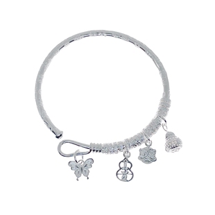 足银9999纯银醒狮盘缠银手镯女平安喜乐吉言锤纹实心银镯子情人礼