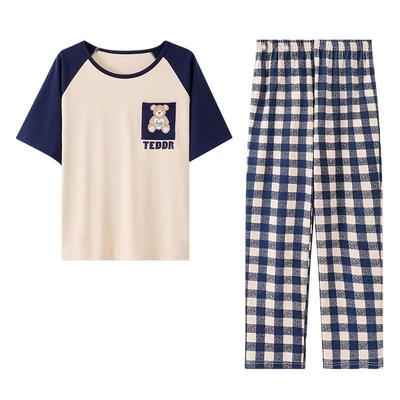 亲子装睡衣纯棉一家三口夏季短袖长裤薄款儿童母女家居服套装春秋