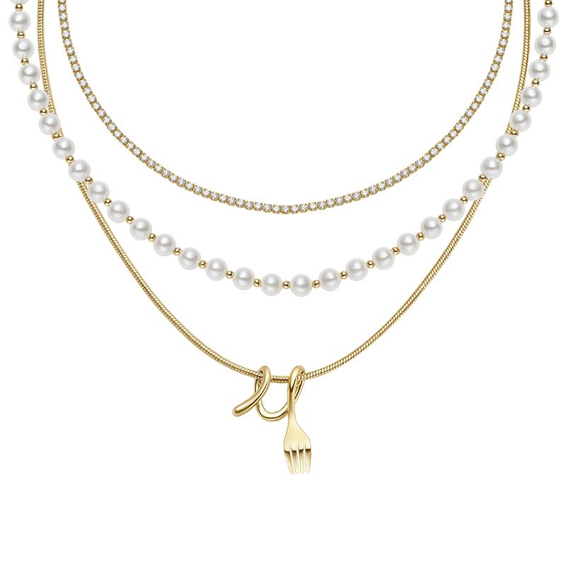 【自营】HEFANG Jewelry/何方珠宝卷卷叉子三层链 轻奢项链送女友