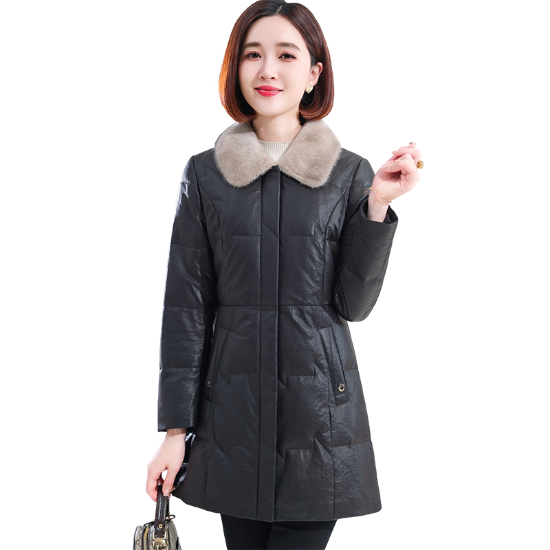 水貂毛领真皮羽绒服女中长款