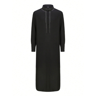 迪拜沙特阿拉伯黑袍穆斯林立领宽松长袖长款长袍Muslim Arab Robe