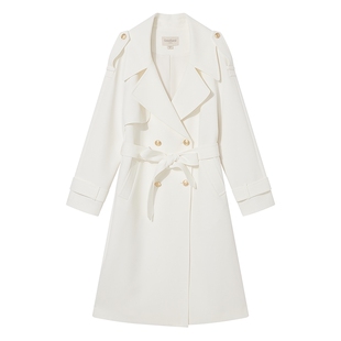 Goodland美地女装春秋季气质醋酸混纺双排扣白色风衣外套女长款