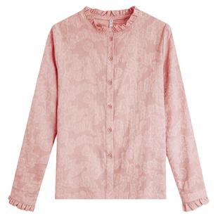 初影粉色衬衫女长袖秋装木耳领打底衫气质轻熟纯棉绣花加绒衬衣