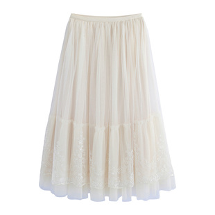 固执夏季新款法式气质松紧腰网纱刺绣亮片大摆长款半身裙女