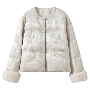 一丝牵90白鸭绒国风重工葫芦刺绣羽绒服女新中式圆领宽松毛毛袖口