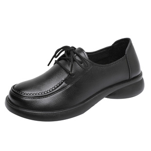 脚宽脚胖女鞋工作鞋久站不累脚餐饮厨房上班鞋纯黑色系带圆头单鞋