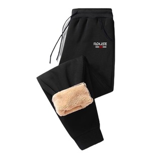 冬季加绒加厚羊羔绒裤子男士冬天宽松束脚运动裤长裤男款黑色卫裤