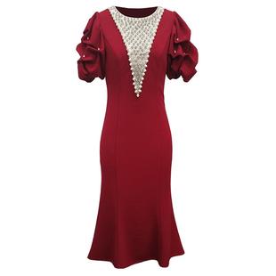 创意狐红色礼服裙高端轻奢小众晚宴会主持人礼裙气质演出服连衣裙