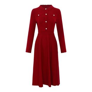 黛玛诗显瘦花裙子秋冬优雅香风修身显瘦红色针织连衣裙女