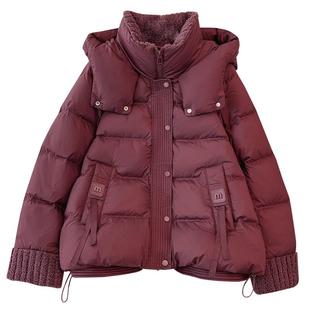 红色连帽A字版粗花呢拼接羽绒服女2025年冬天新款中长款加厚外套