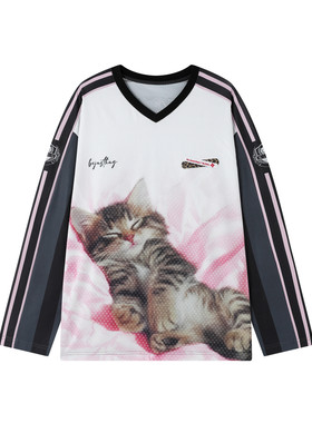 BJHG网眼长袖T恤猫咪印花球衣女
